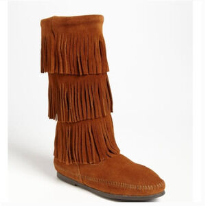 Minnetonka Fringe Moccasin Boots 5 Brown Tan NWT Western Boho Prairie